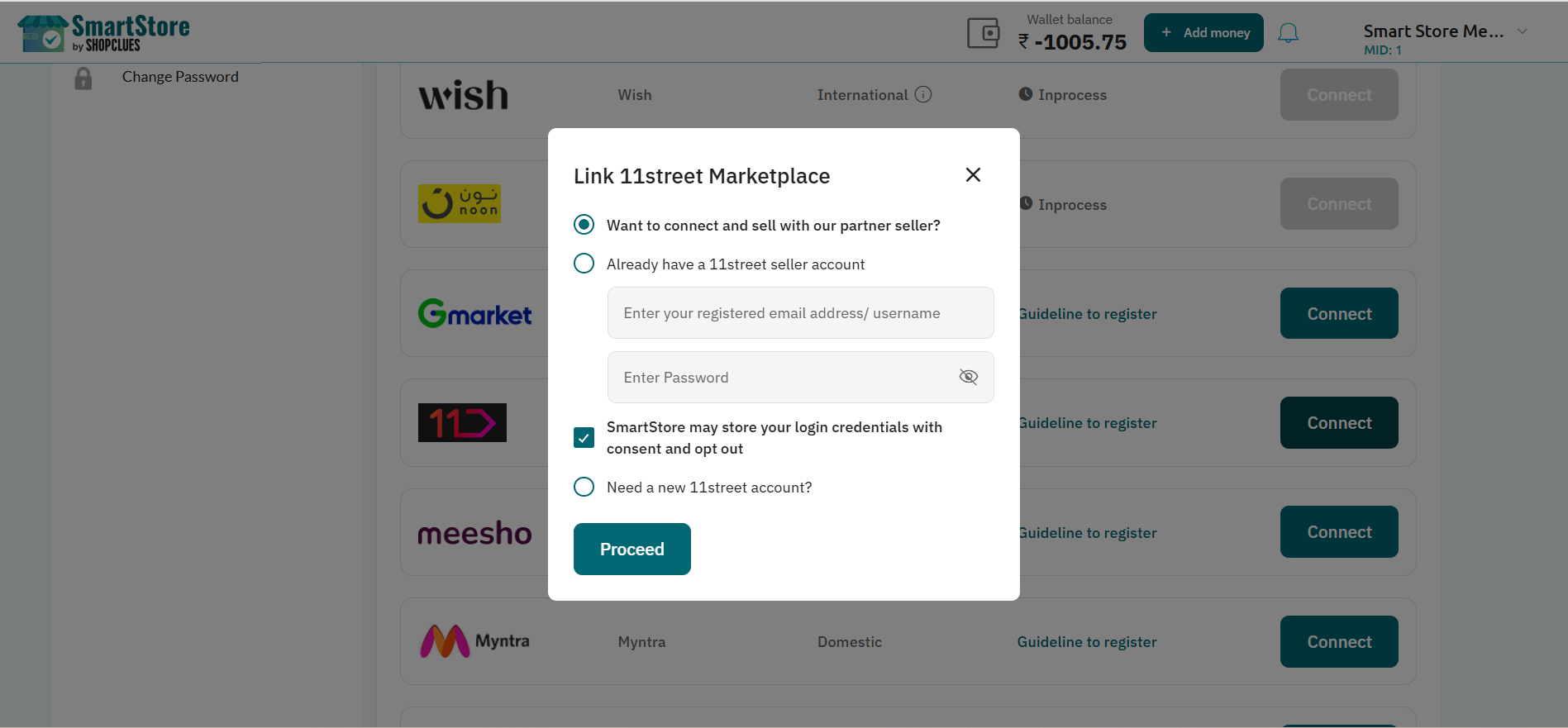 SmartStore linked-status details displayed in a popup